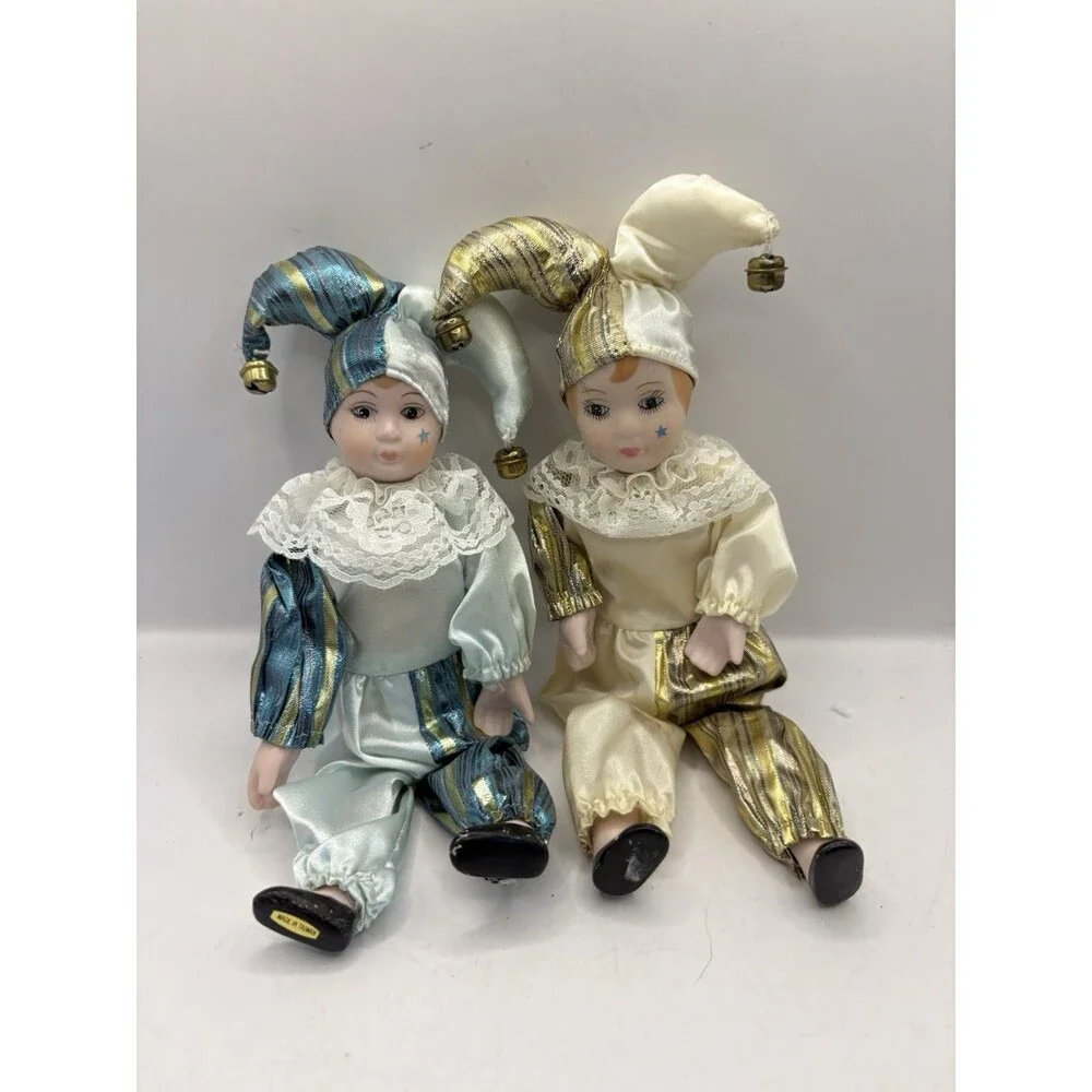 PAIR Porcelain Jester Doll Clown Gold Blue Las Vegas Gold Mardi Gras Bells 9.5”
